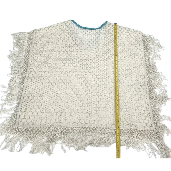 Alberto Makali Poncho Cape Womens Medium Ivory Cotton Fringe Lace Beaded V-Neck - Picture 8 of 8